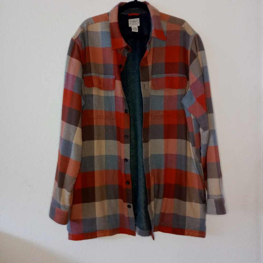 LL Bean Orange Flannel Shirt Jacket with Fleece Lining - XL TALL